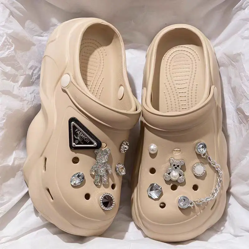 Women DIY Silver Chains Fashion Bear Decor Clogs Summer Sping Autumn Beach Sandals Cave Hole Garden Shoes For Students Girls New image 2