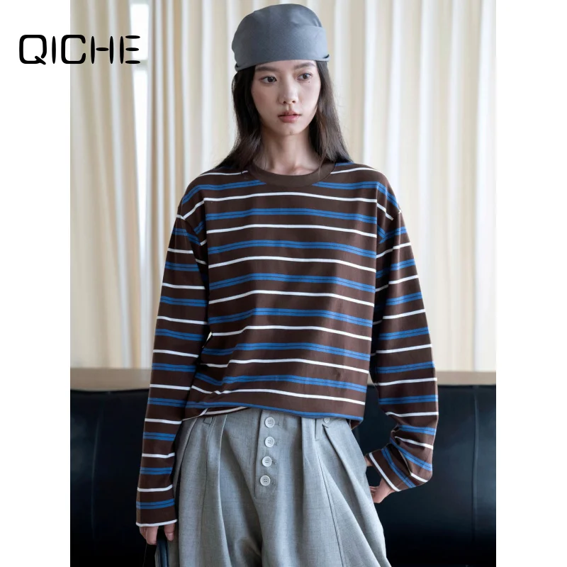QICHE 2026 Women Japanese Style Crew Neck Color Block Stripe Knit T Shirt Loose Casual Long Sleeve Layering Top Autumn