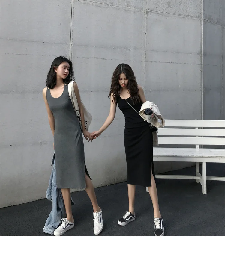 Y2K Mini abito estivo da donna O-collo Moda Abito senza maniche nero con bretelle Nuova gonna inferiore interna dimagrante Donna