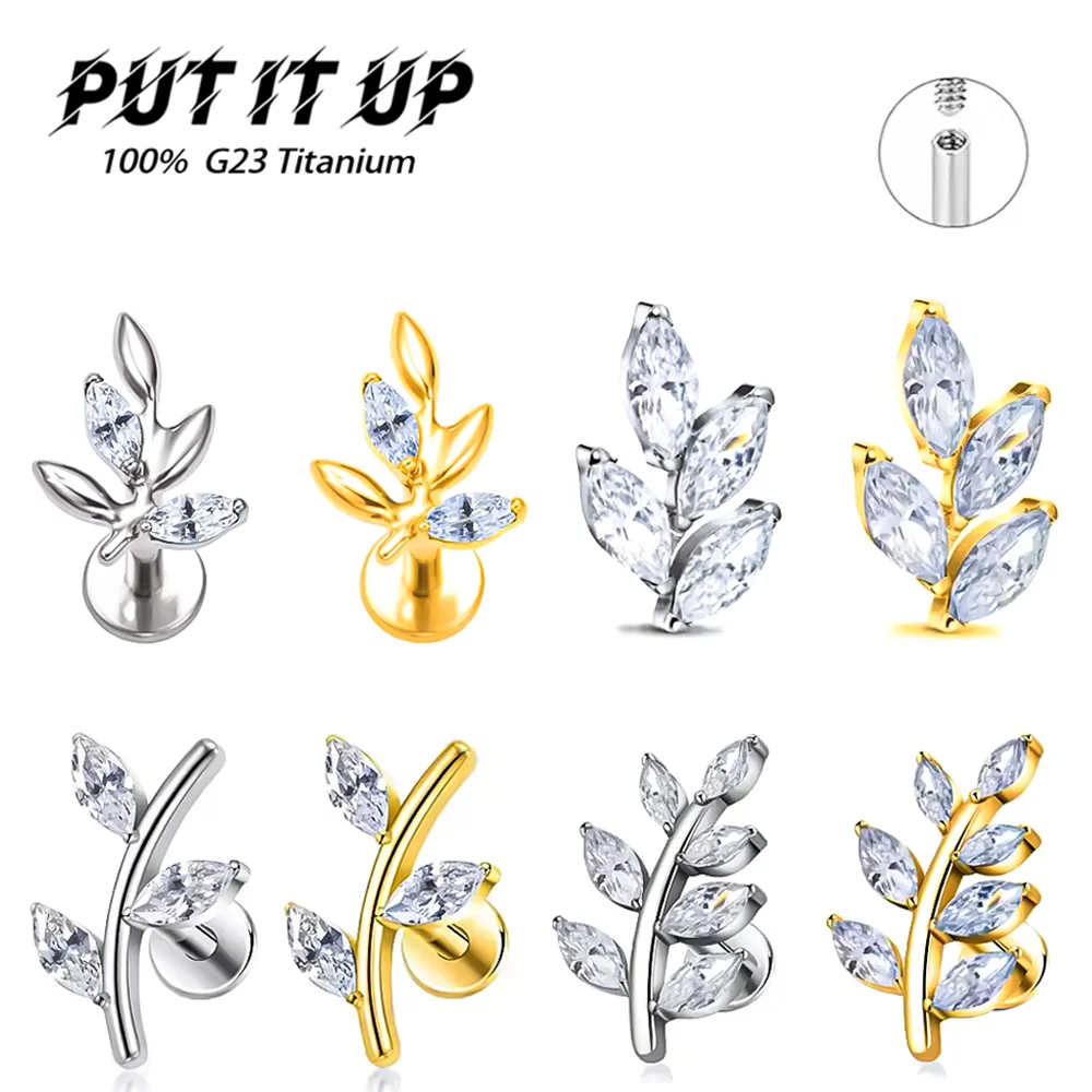 PUTITUP Official F136 Titanium Alloy Zirconia Horse Eye Leaf Stud Earrings Fashion Ear Cartilage Lip Studs Body Piercing Jewelry