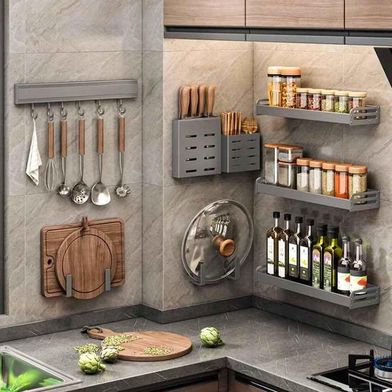 Gray Kitchen Rack Wall-Mounted Punch-Free Multi-Function Chopsticks Knife Holder Seasoning Storage Rack