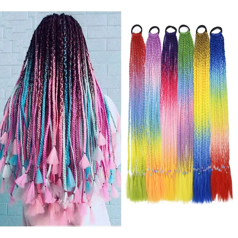 

Synthetic Gradient Color Dirty Braided Ponytail 24inch/60CM Elastic Rubber Band Braiding Pony Tail Hair Extensions For Girls