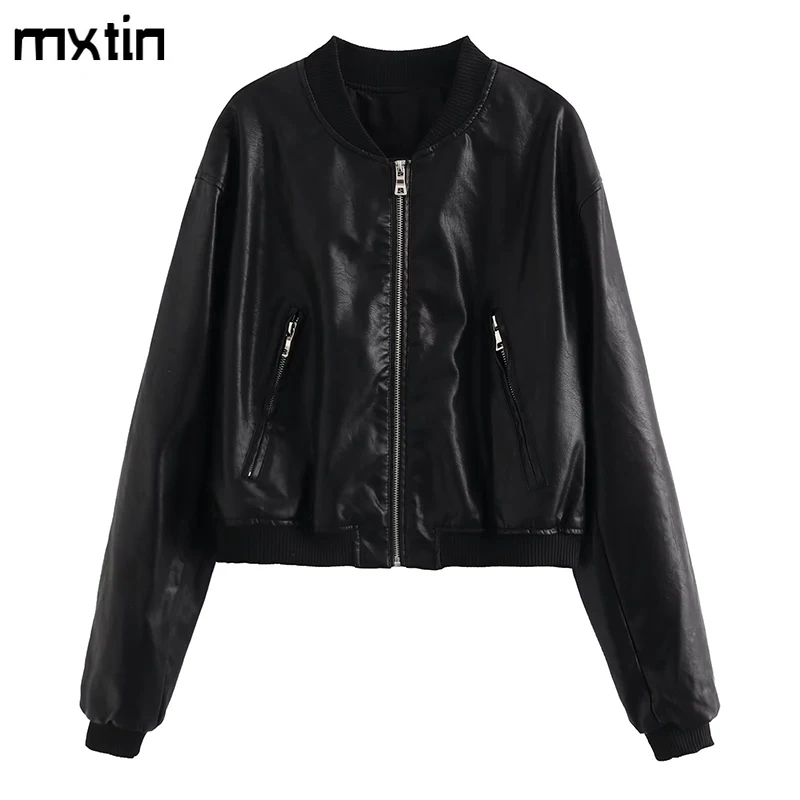 Women's Bomber Jacket Women Autumn Vintage Leather Coat Fashion Long Sleeve Zippers Pu Overcoat Female Casual Tops Clothing