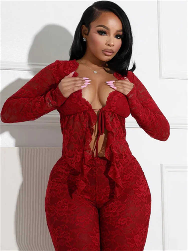 Nwe Spring Fall Lace Women's Sets Long Sleeve Sexy Bandage Top and Flared Pants 2025 Loose Red Clubwear Two 2 Piece Set Outfits