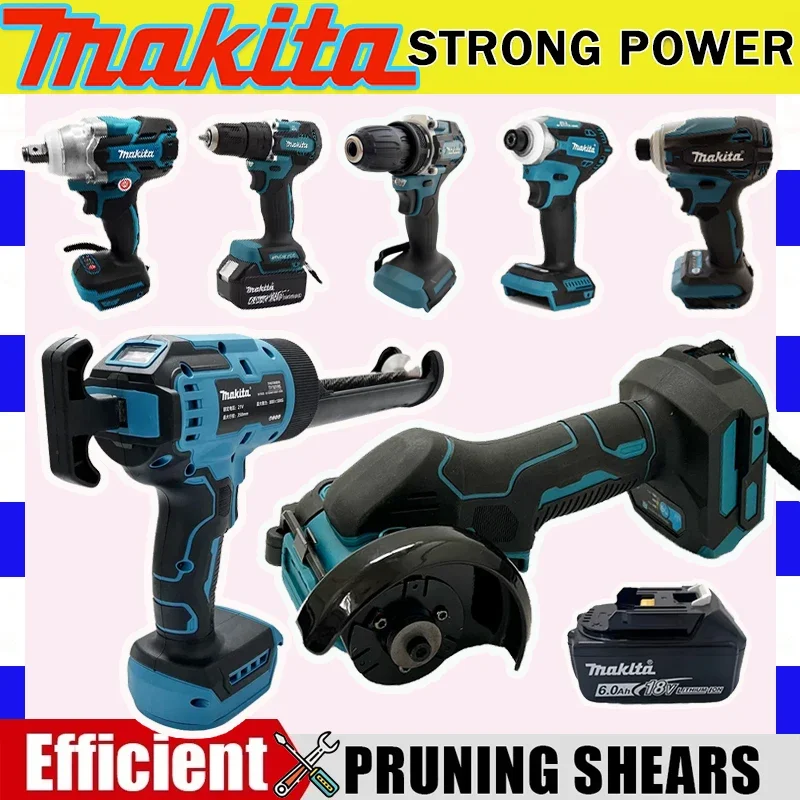 

Различные модели портативных аккумуляторных электроинструментов Makita: ударный шуруповерт, аккумуляторная отвертка, электрическая сабельная пила