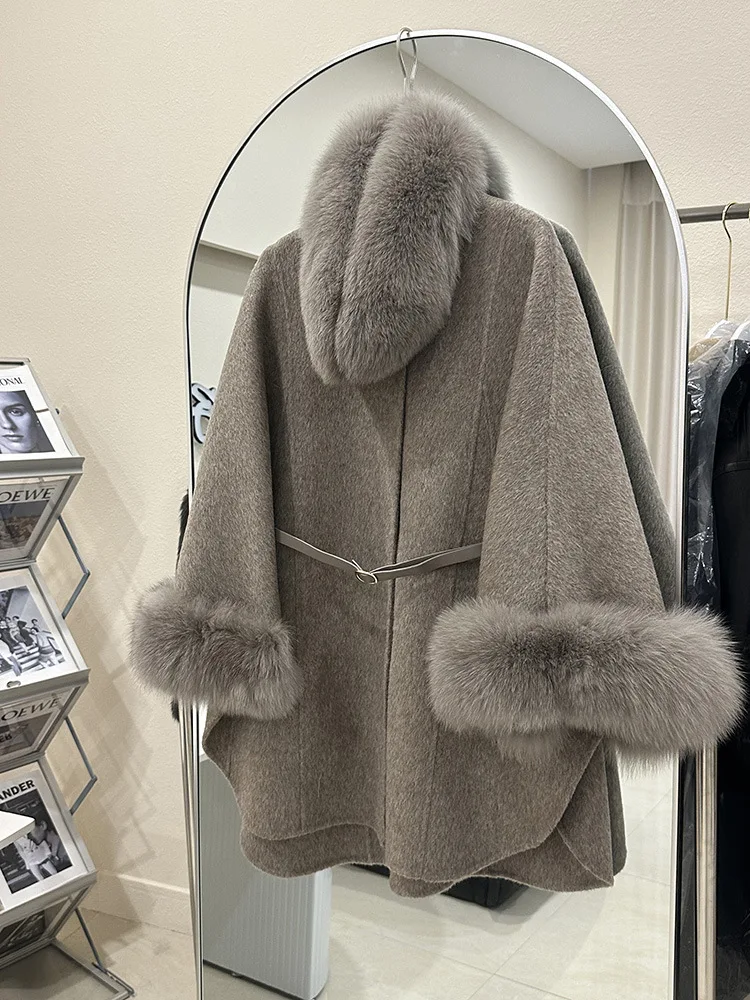 3 Kleuren Vrouwen Winter Warme Luxe Vossenbont Poncho Jas Met Riem Twee Zijde Kasjmier Europese Lange Vest Wollen Losse Mantel