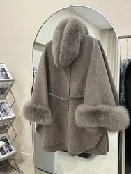 4 Colors Women Winter Warm Luxury Fox Fur Poncho Coat With Belt Two Side Cashmere European Long Cardigan Woolen Loose Cloak