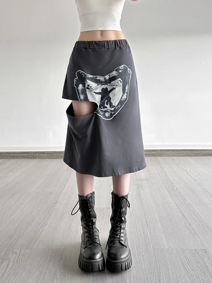 

Retro Distressed Design Printed High-waist Tie-waist Gray Straight Skirts For Women Casual Street Style Sports Trend Midi Skirt