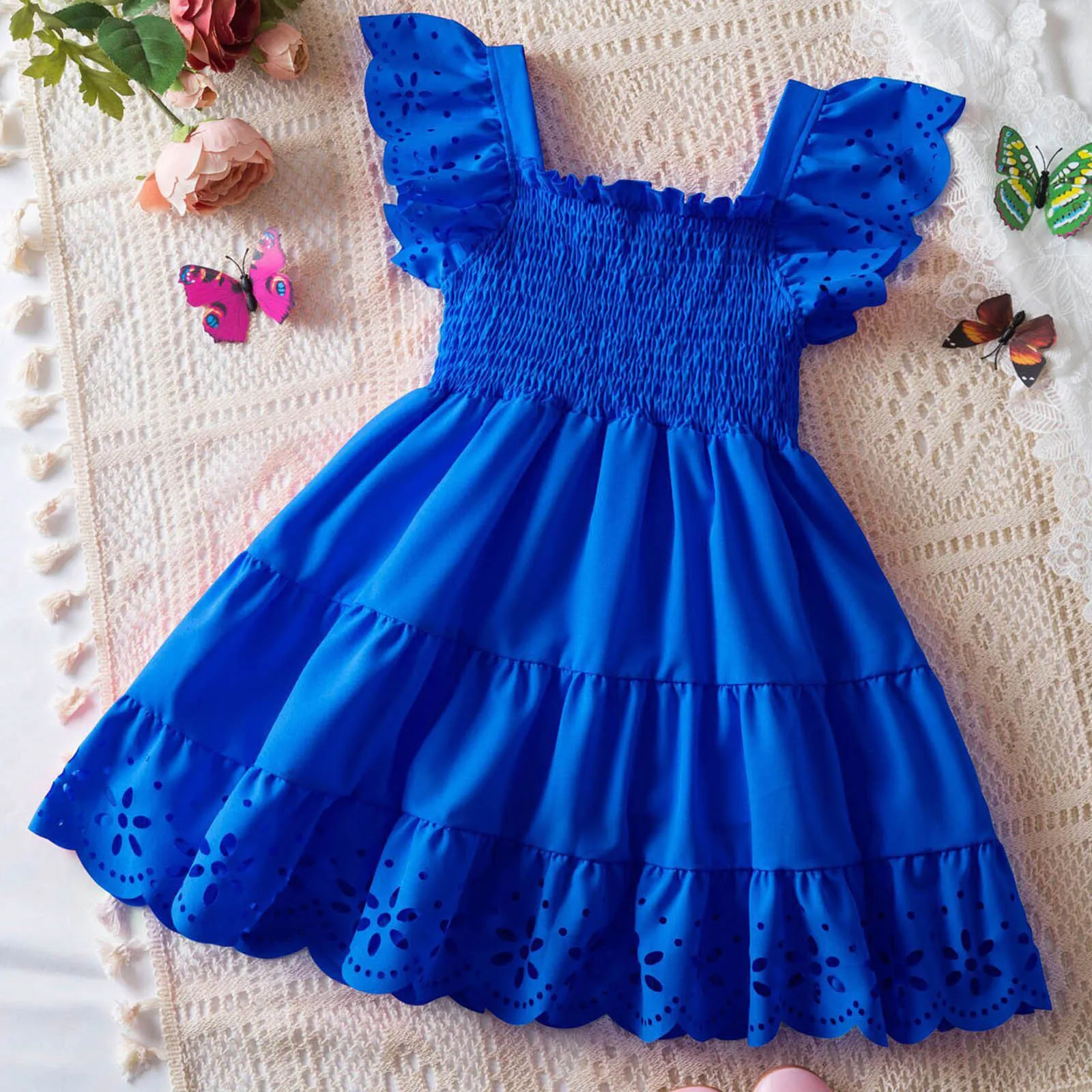 2025 Summer Dress Children Korean Version Flower Edge Sleeves Sweet Baby Girls Birthday Party Solid Dress Baby Girl Clothes 2-6Y