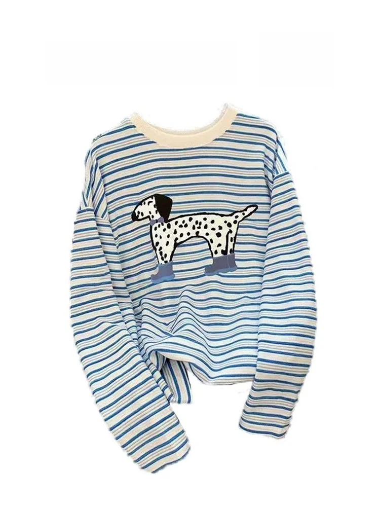 

Spring New Sle Women's Casual Long Sve T-irt Blue Stripe Base Layer Top American Retro Versatile Dog Print Commute Fas...