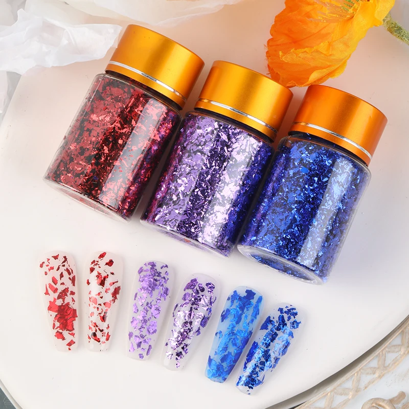 3 ขวดผสมสี Glitter Nail Art สติกเกอร์กระดาษฟอยล์ไม่สม่ําเสมอ SHINY Leaf GOLD Flakes เล็บ DIY ฟอยล์อุปกรณ์ตกแต่ง