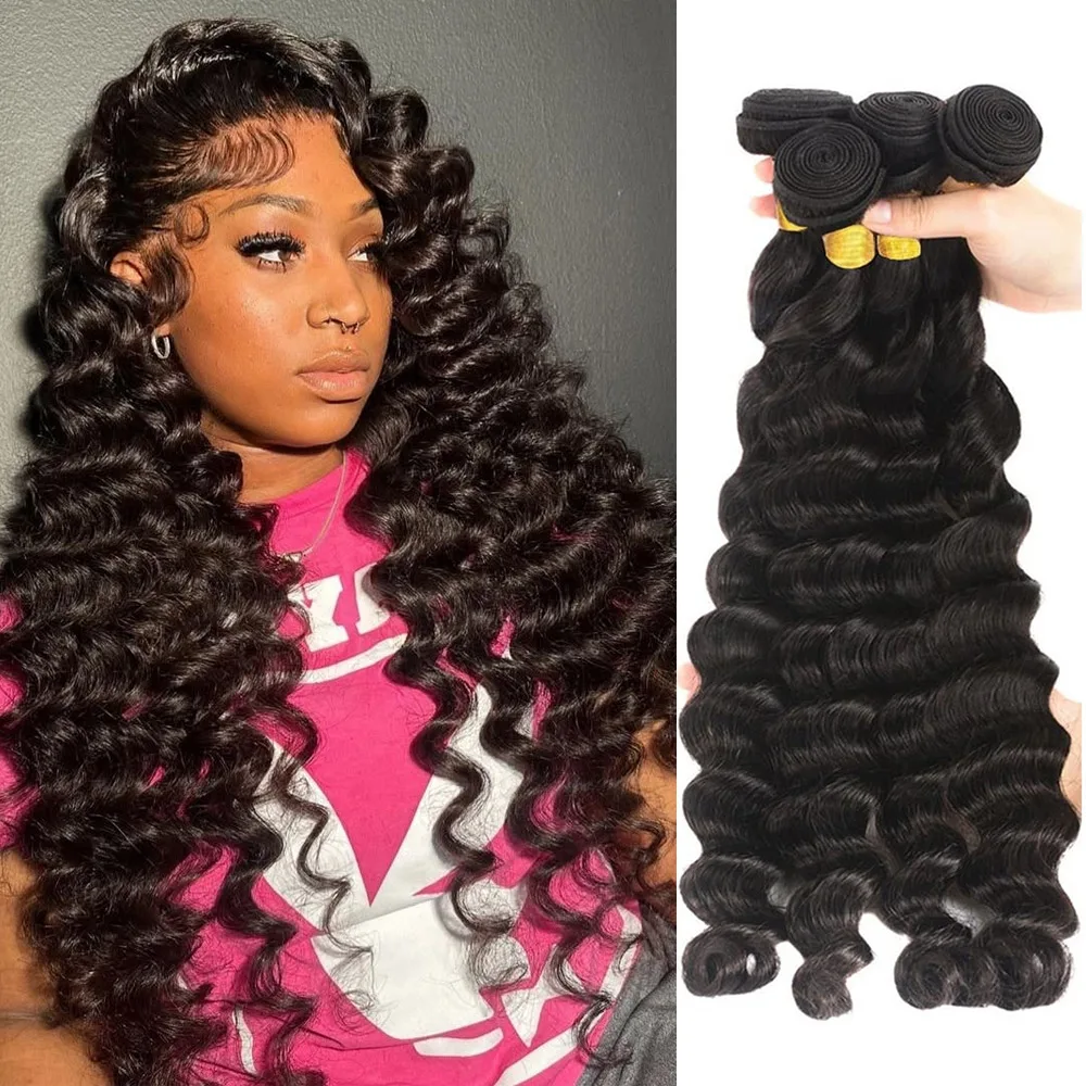 

Loose Deep Wave Human Hair Bundles Brazilian Remy Virgin Hair Double Weft Weave Bundles Extensions For Women Natural Black Color