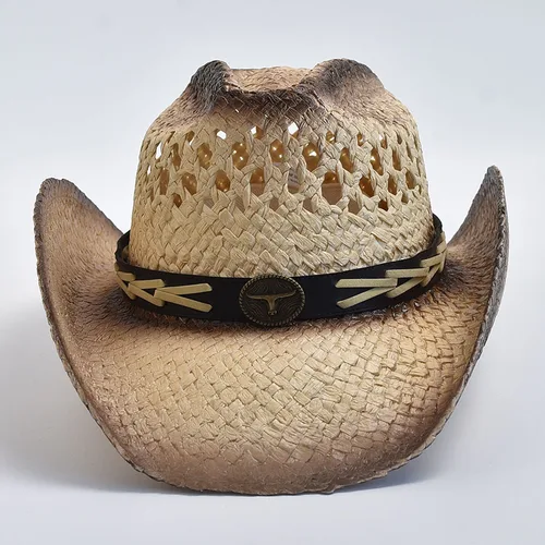 Imagen 2 del producto Sombrero de vaquero occidental de paja natural para mujeres y hombres, sombreros de sol de playa con ala rizada de verano, sombrero de paja moldeable