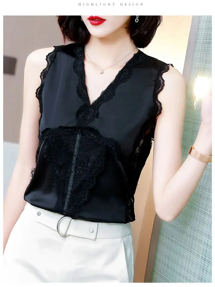 2024 New Arrival All-match Female Splicing Spring Summer Charming Trend Lace Tank Tops Solid Woman M-3XL Sleeveless Slim V-neck