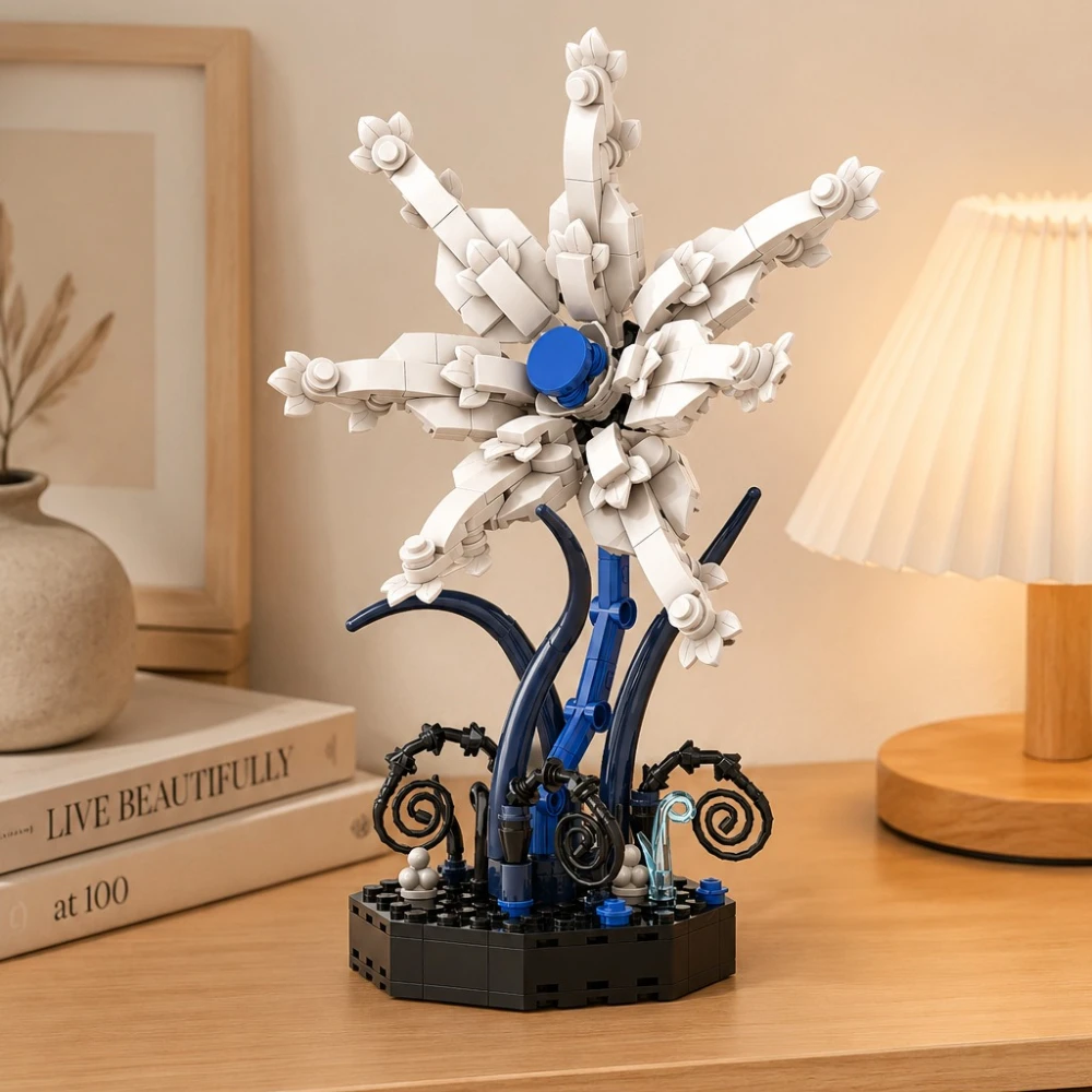 MOC Gothic Dark Night Flower Building Blocks Set White Skull Flower Living Room Desktop Decor Toys Adults Halloween Holiday Gift