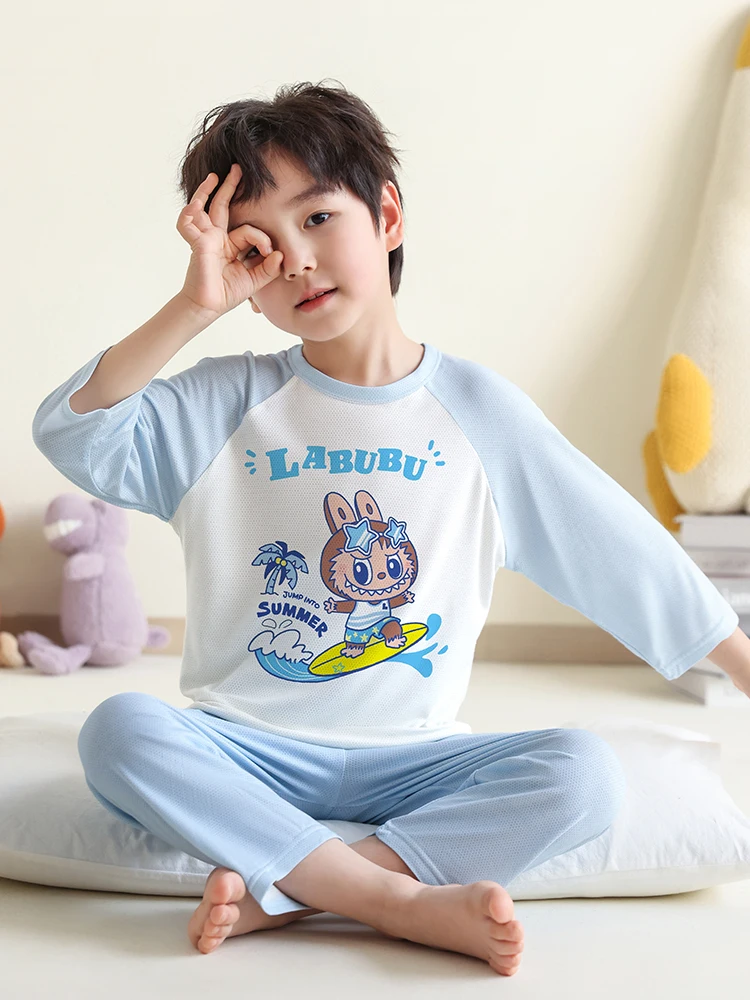 男の子用モーダル寝間着薄いメッシュホーム服夏用エアコンスーツ漫画かわいいスタイル七分袖七分パンツ