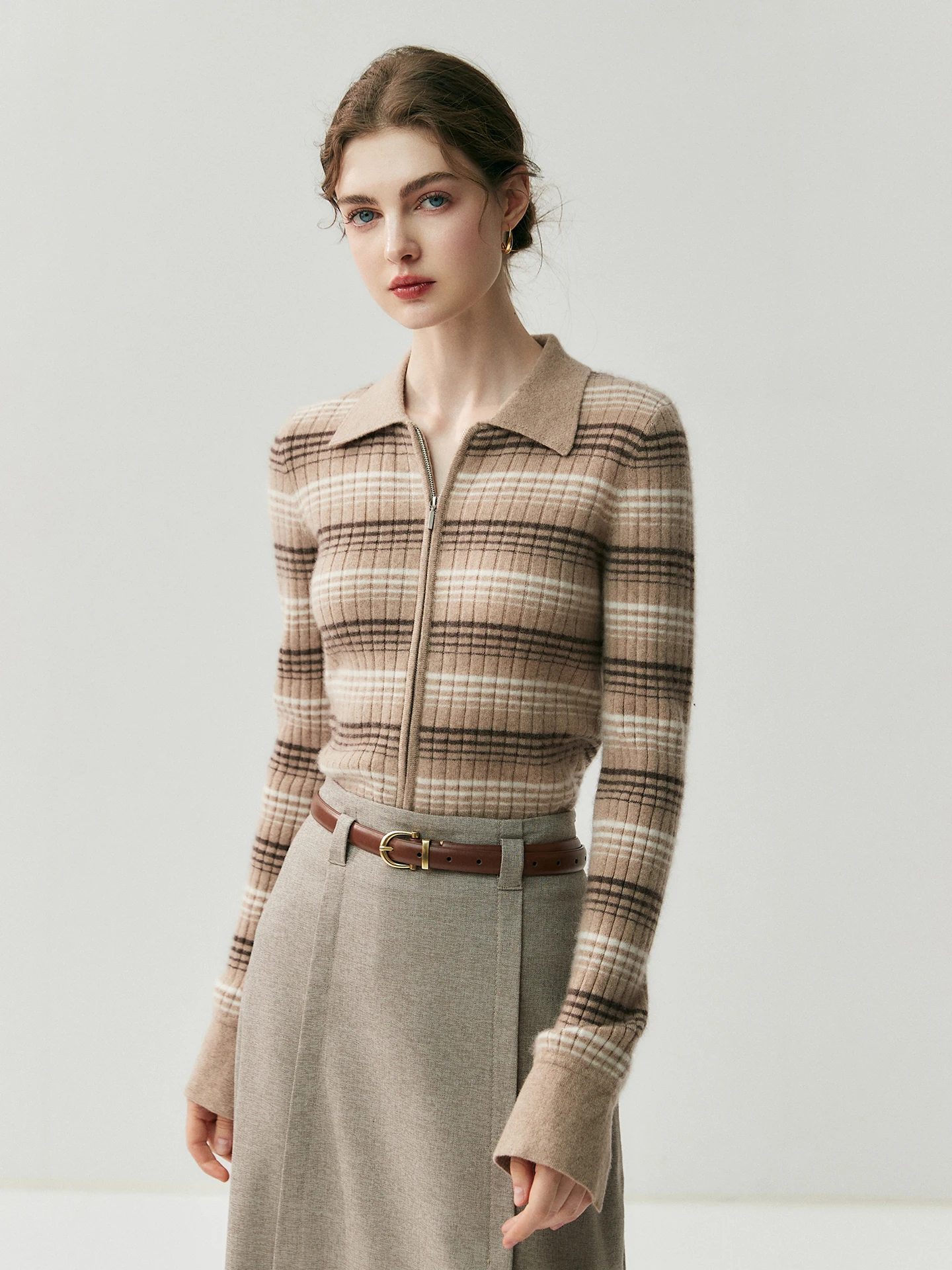 

Вязаный шерстяной кардиган на молнии для женщин, приталенный, модный, элегантный, с длинными рукавами, в полоску