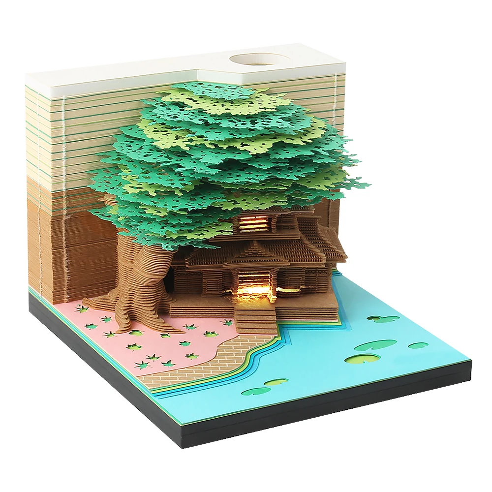 3D Memo Note  Tree House with LED Light Pen Holder Tear-Away Tear Away Calendar Notepad Office Paper Notes Xmas Birthday Gift