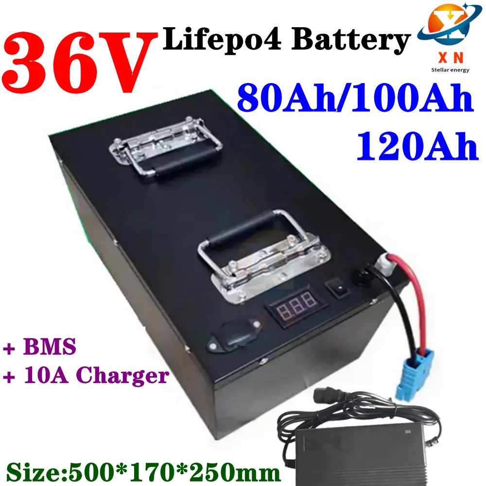 

Lifepo4 36V 100Ah 120Ah 150Ah 80Ah Lifepo4 battery pack with BMS for solar system trolling motor boat+10A Charger