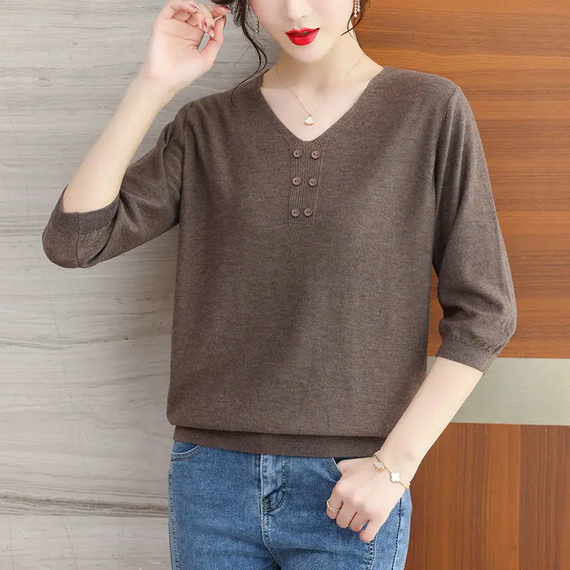 Big Size Women All-match Knitted T-shirt Korean Fashion Summer New Female Clothing Half Sleeve V-Neck Solid Vintage Pullover Top