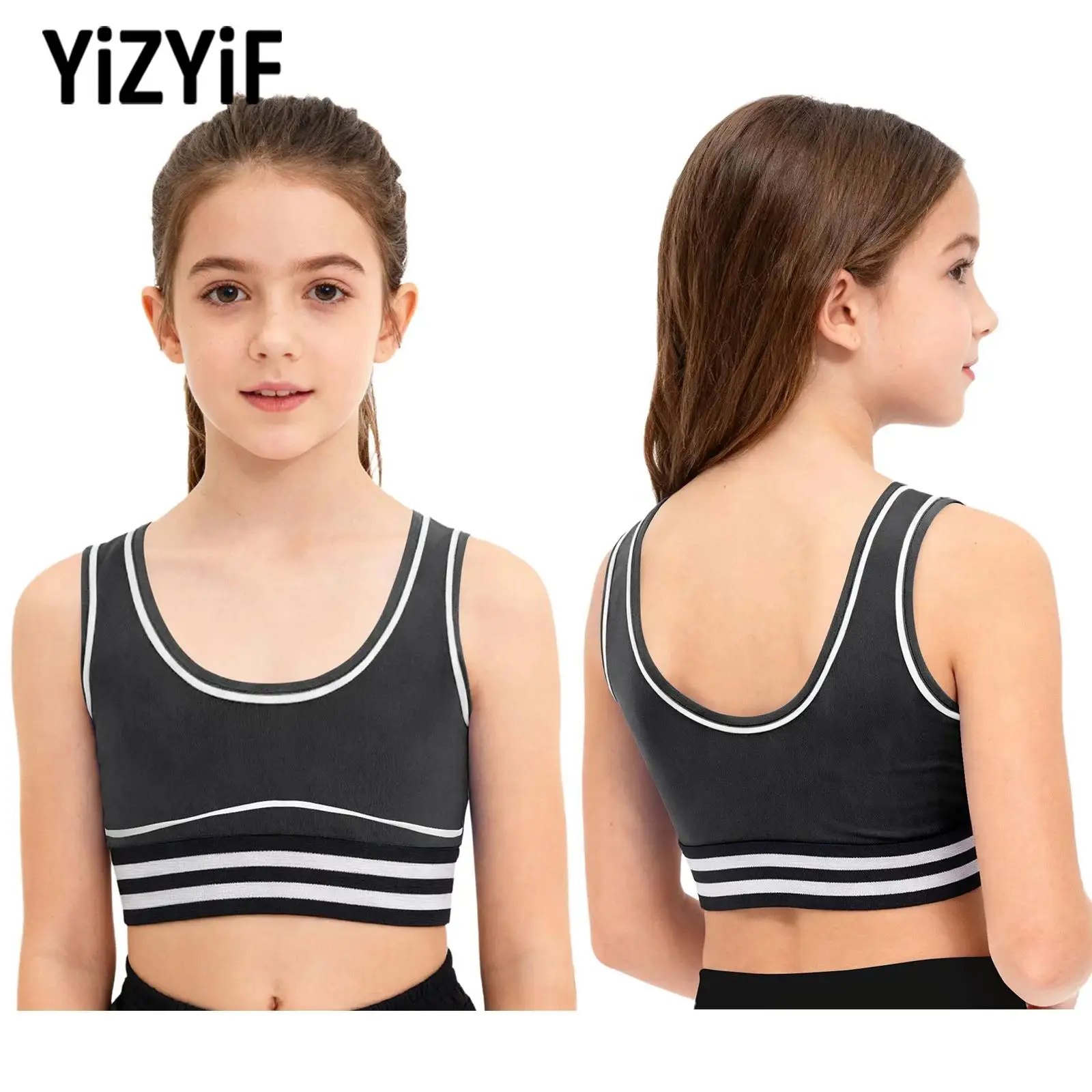 

Kids Girl Contrast Color Striped Elastic Hem Athletic Vest U-Back Sleeveless Crop Tank Top for Yoga Running Workout Dance Wear
