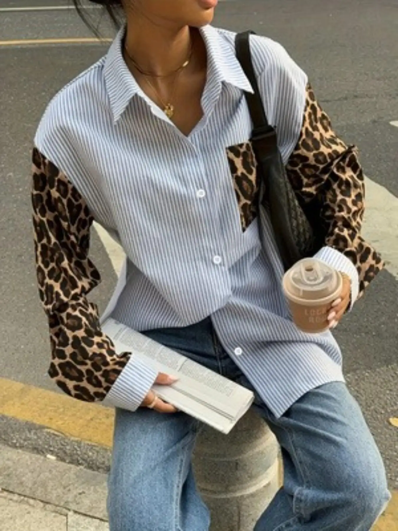 Blue Striped Leopard Print Loose Long Sleeve Shirt Retro Hip Hop Style Anti-Wrinkle Soft Fabric Multi-Functional Front Opening