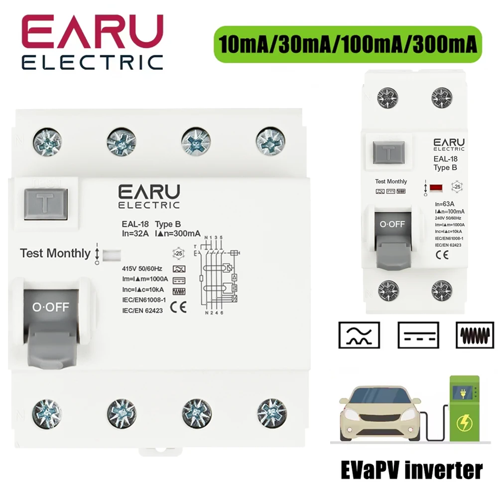

Type B RCD RCCB Residual Current Circuit Breaker 2P 4P 63A 30mA. 10KA EVSE DC Leakage Protection for Electric Car Solar