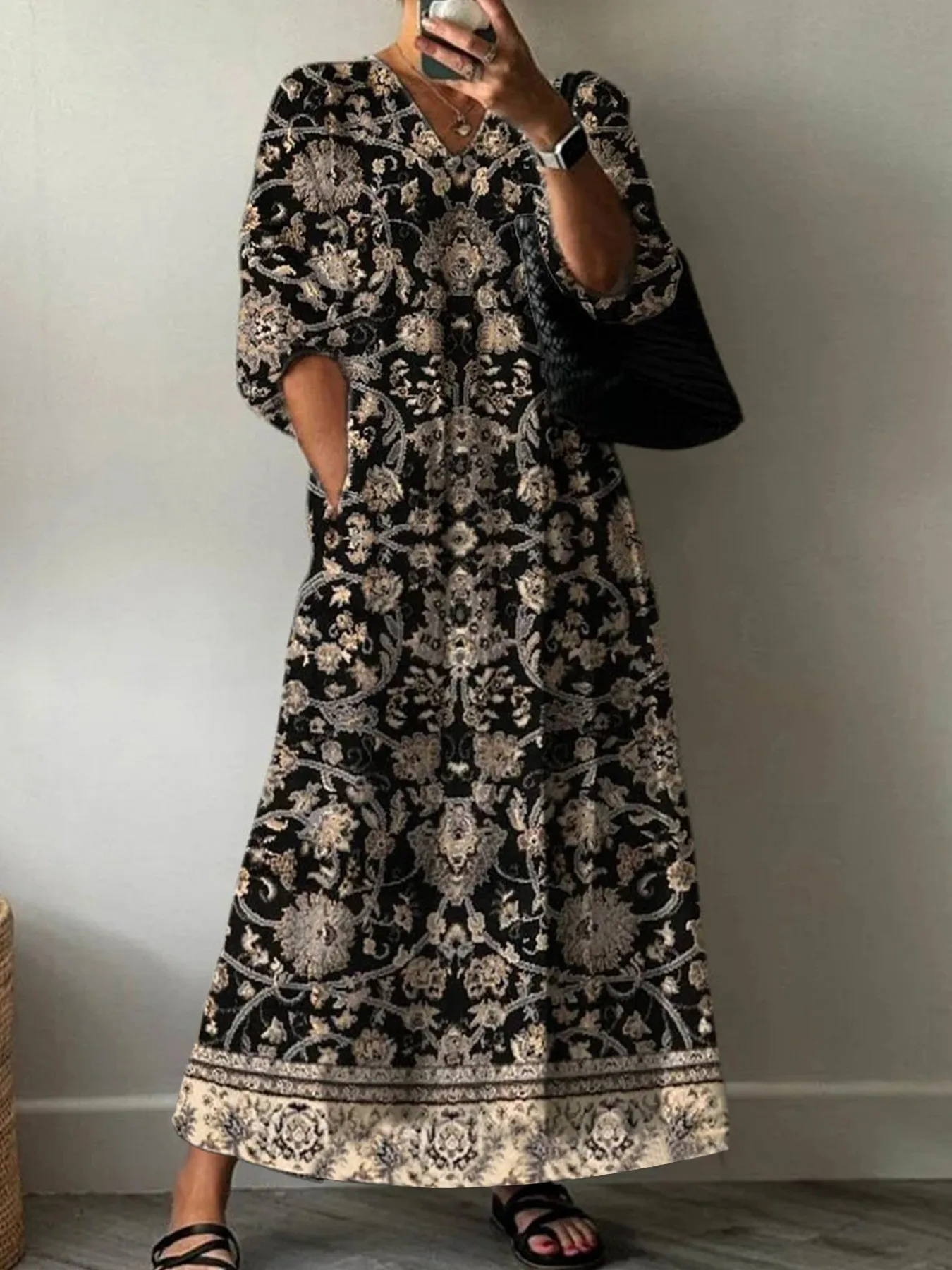 Primavera e outono vestido feminino moda casual com decote em v meados de manga floral macacão vestido longo