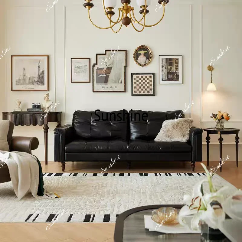 

American retro leather sofa living room small apartment modern simple straight sofaTJ
