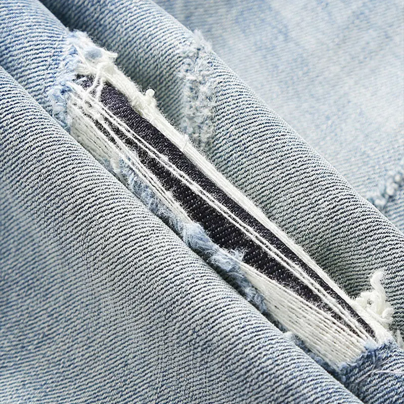 Fashionable New Light Blue Men's Jeans Latest Designer Elastic Slim Fit Jeans Split Vintage Perforated Pants