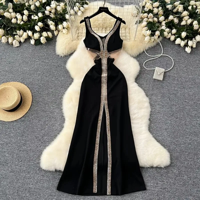 Elegant Glitter Sequin Sweet High Waist Sheer Mesh Spliced Split Slip Dress Fashion Evening Slim Women Summer Hip Wrap Dresses