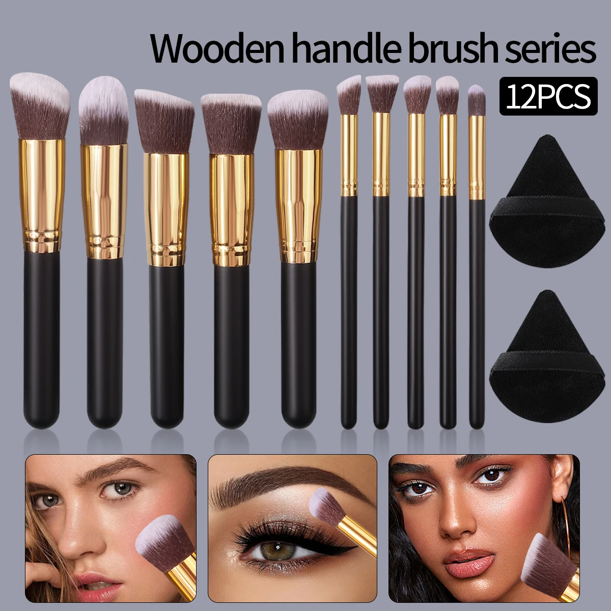 12PCS black-handled powder brush, blush brush, eyeshadow brush and makeup brush set +2PCS triangular makeup powder puff