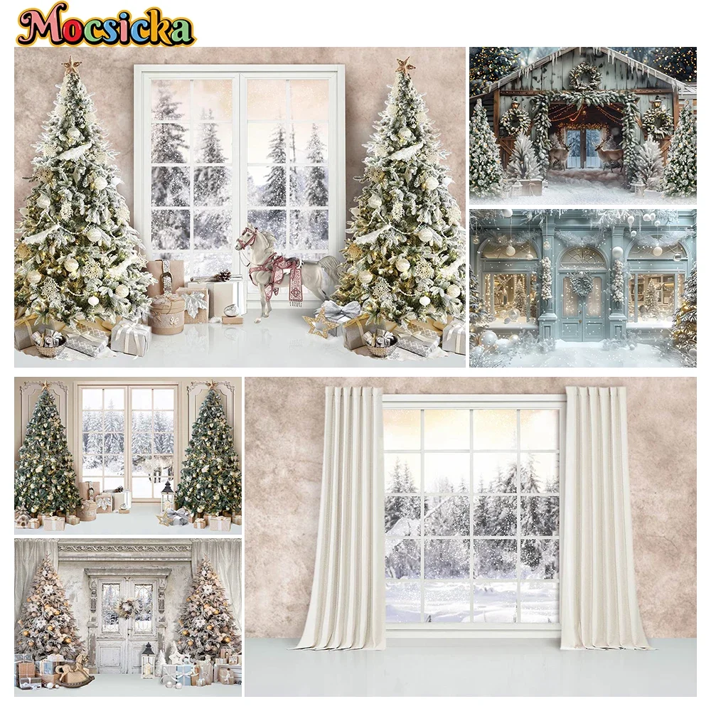 Mocsicka Winter Photography Background Christmas Curtains Fireplace Xmas Tree Candy Holiday Family Photo Backdrops Studio Props