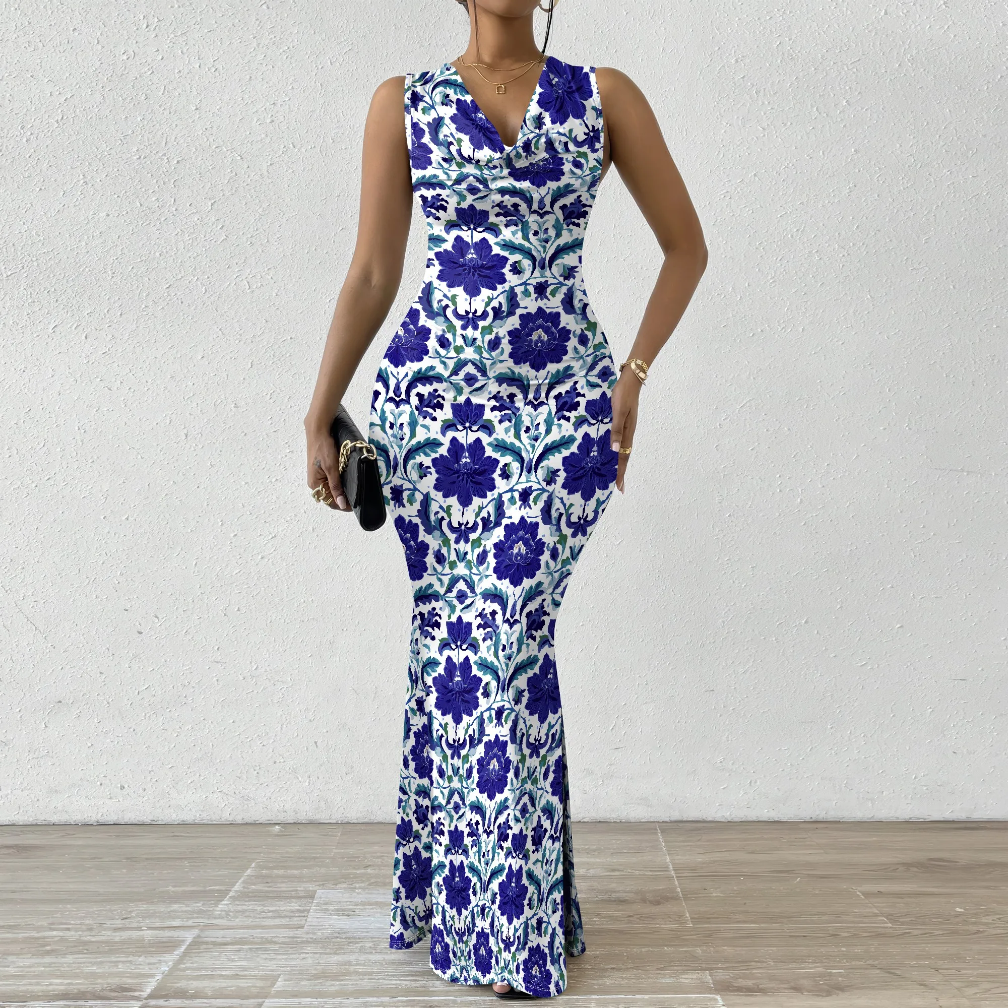

Floral V-Neck Maxi Dress for Women Blue and White Print 2025 New Arrival Elegant Summer Dress XS-2XL