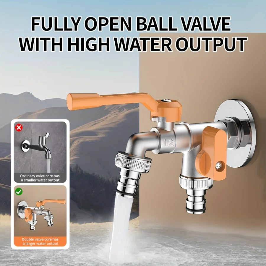A Silver/Grey/Copper-Colored Outdoor Faucet, 2 Interfaces, G1/2 Universal Interface, High-Quality Brass Dual Faucet - Rust-Proof and Frost-Resistant + 2 Hose Connections, Suitable for Garden, Washing Machine, Rainwater Barrel