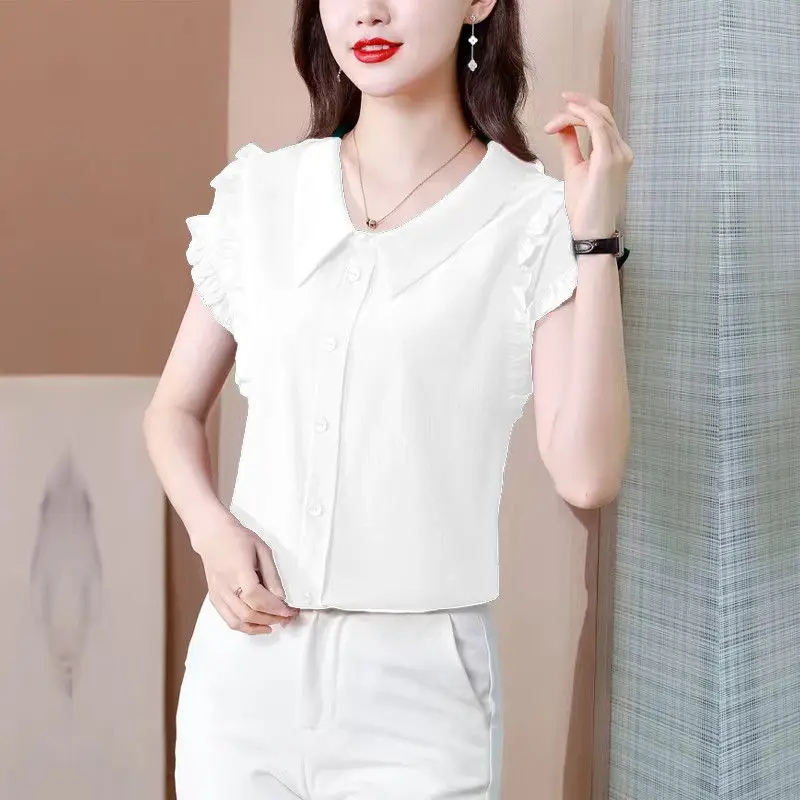 Summer Solid Color Pullover Button Short Sleeve Peter Pan Collar Ruffles Chiffon Women\'s T-shirt Casual Comfortable Retro Tops