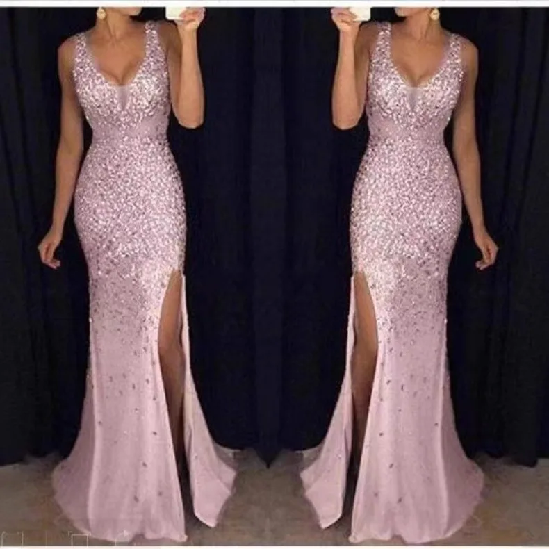 V-Ausschnitt, plissiertes, geschlitztes, heißgeprägtes, figurbetontes Kleid für Dinnerpartys, Pendeln, Abschlussfeiern, sexy, elegantes langes Kleid – Detail 3