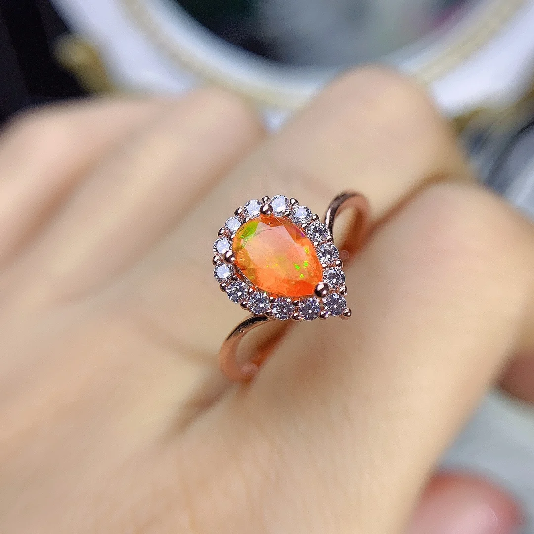 Natural Opal Halo Promise Ring Sterling Silver 925 Engagement October Birthstone Ring Pear 5x7mm Opal Halo Curved Ring - view 4