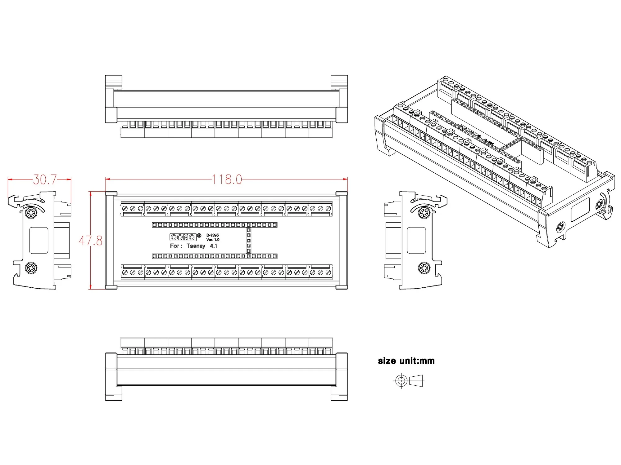 Terminal Block Breakout Board Module for Teensy 4.1, DIN Rail Mount Version