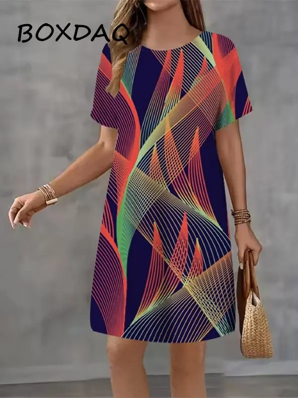 

2026 Новое весенне-летнее женское платье, винтажное свободное платье трапециевидной формы с цветочным принтом и короткими рукавами, большой размер, повседневное платье трапециевидной формы