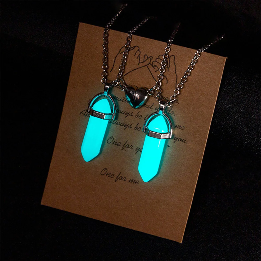 2PCS Luminous Hexagonal Column Couple Magnetic Necklace for Women Romantic Natural Stone Geometric Pendant Necklace Jewelry Gift