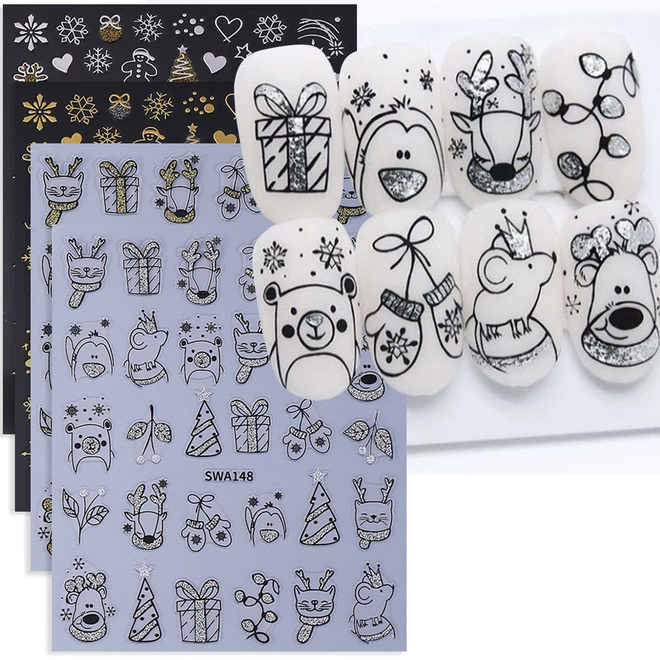 2/4 stücke Cartoon Weihnachten Nagel Aufkleber Glitter Gold Silber Rentier Katze Schneeflocke Weihnachten Baum Klebe Aufkleber DIY Maniküre Dekor