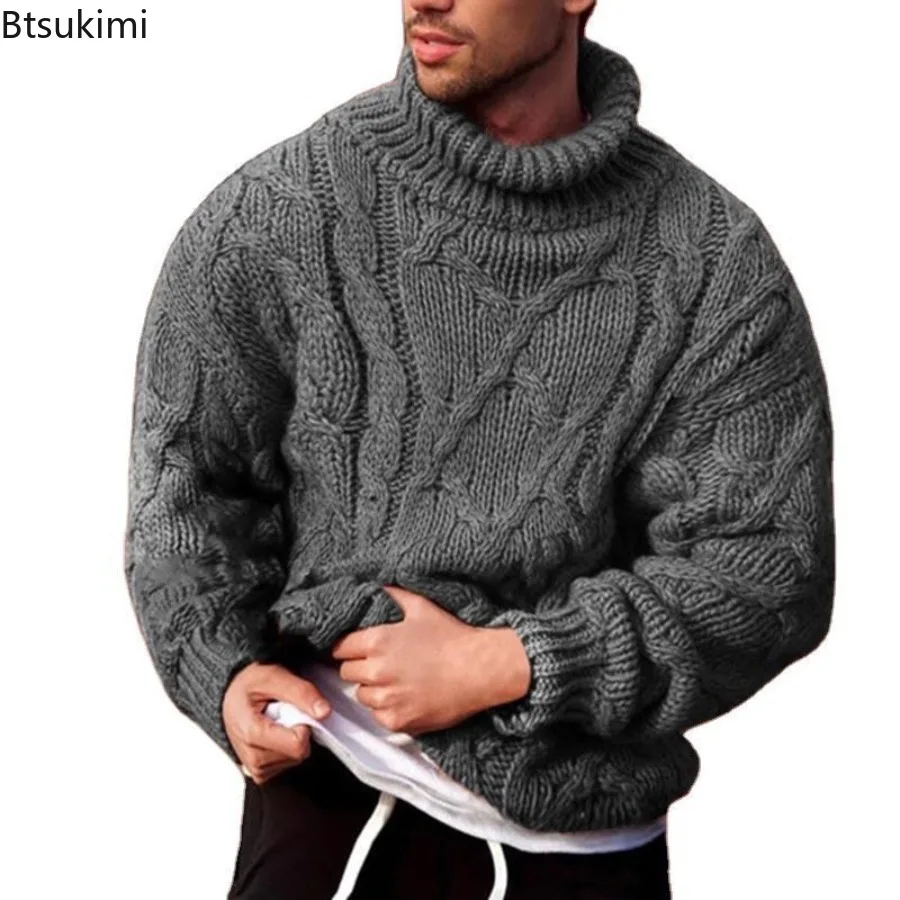 Men's Turtleneck Knitted Pullovers Sweater Autumn and Winter Braided Sweater Casual Solid Slim Fit Jumper Knitwear Pull Homme