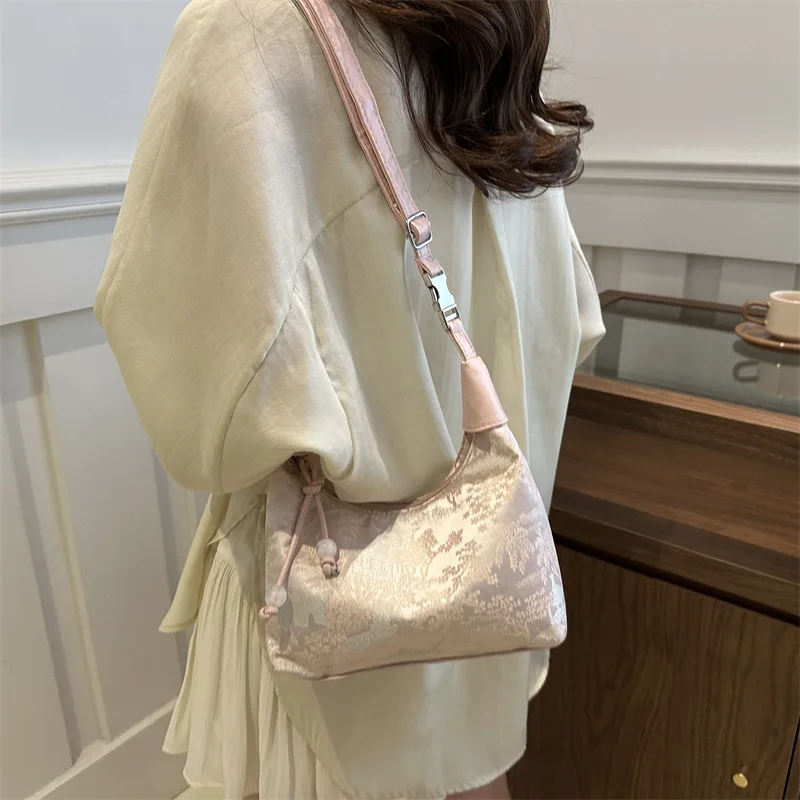 

Sweet Embroidery Shoulder Bag Nylon Texture Pearl Pendant Crossbody Bag Small Bucket Handbag Women Girl