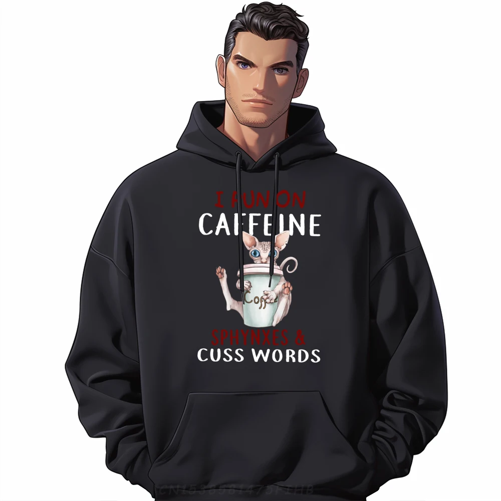 I run on Caffeine Sphynxes Cuss Words Funny Cat lover Vintage Hoodies Men Sweater Camisetas Hombre Memorial Day