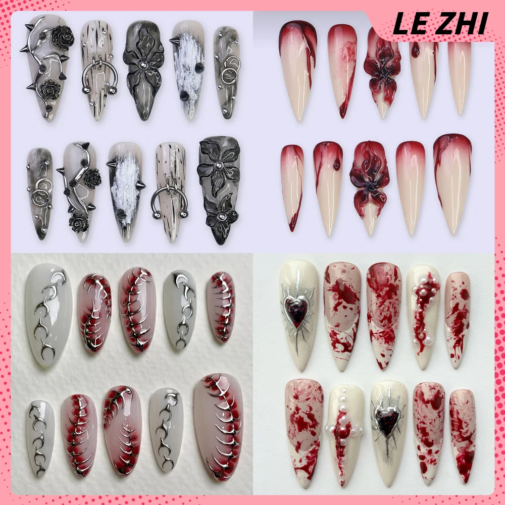 

10Pcs Stiletto Red Gothic Style Press On Nails Handmade Y2K Punk Rivets Flower Metal Hand-Drawn Almond Square Fake Nail Sticker