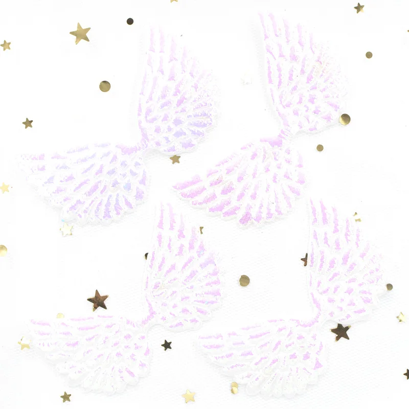 20Pcs 72*43mm Glitter AB White Angel Wing Appliques Double Sided Iridescent Cupid Wing Fairy Wing Patches for Clothes Decor