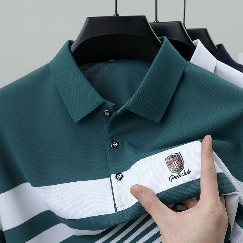 

Дизайнерская брендовая мужская рубашка-поло с лацканами, летняя новая полосатая футболка с вышивкой значком и коротким рукавом, элитная деловая повседневная мужская одежда, топ