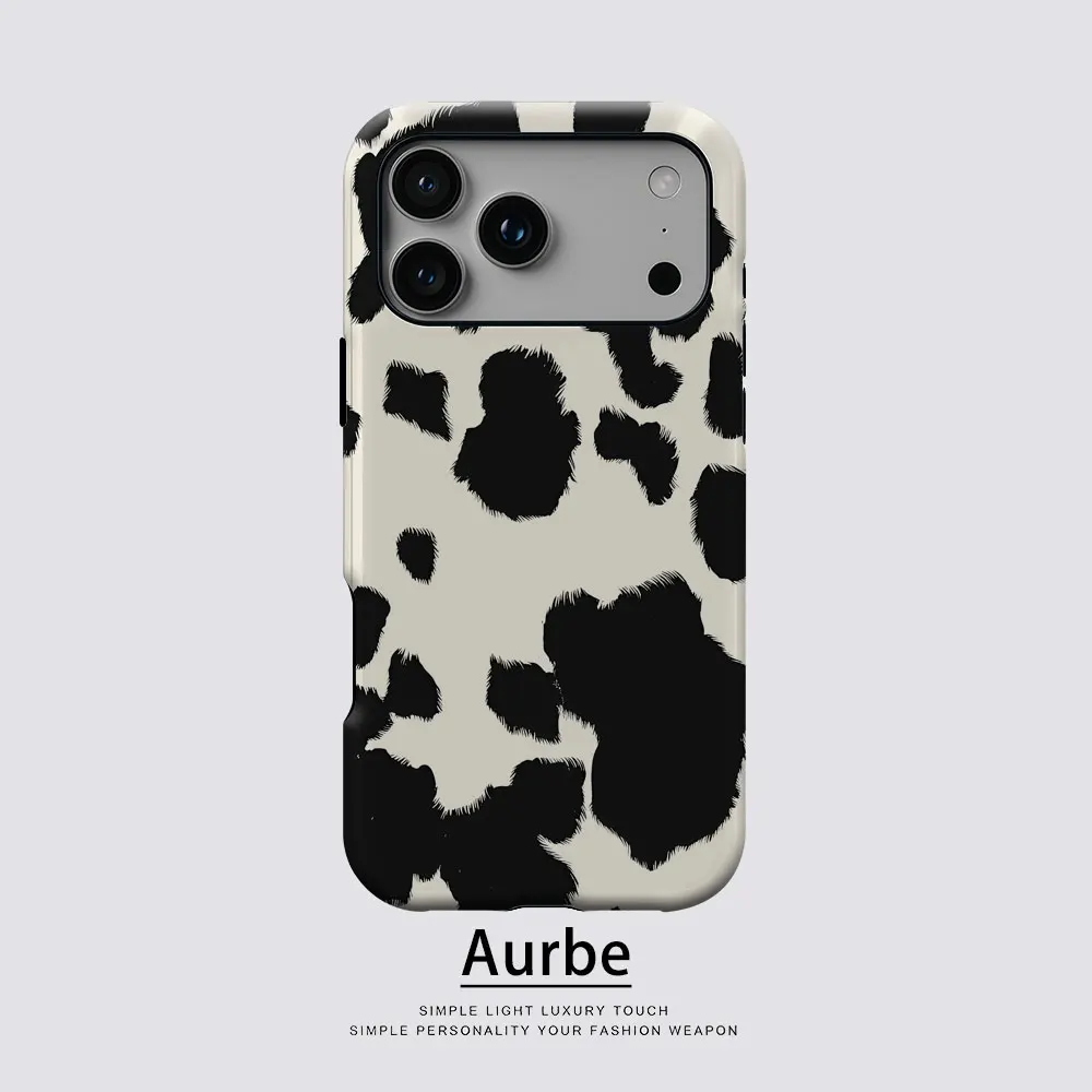 Coque Aurbe Matte 2-en-1 avec film Magsafe pour iPhone 17 16 15 14 Plus 17 Pro Max, antichoc, coque rigide, design intemporel noir et blanc motif vache