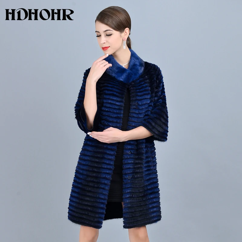 HDHOHR 2024 Hot Real Mink Fur Coat Women Natural Kintted Mink Fur Coats  Long Strip Warm Jackets Lady Full Length Real Fur Coat